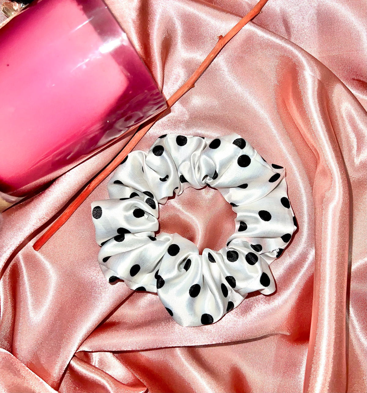 White polka dot scrunchie